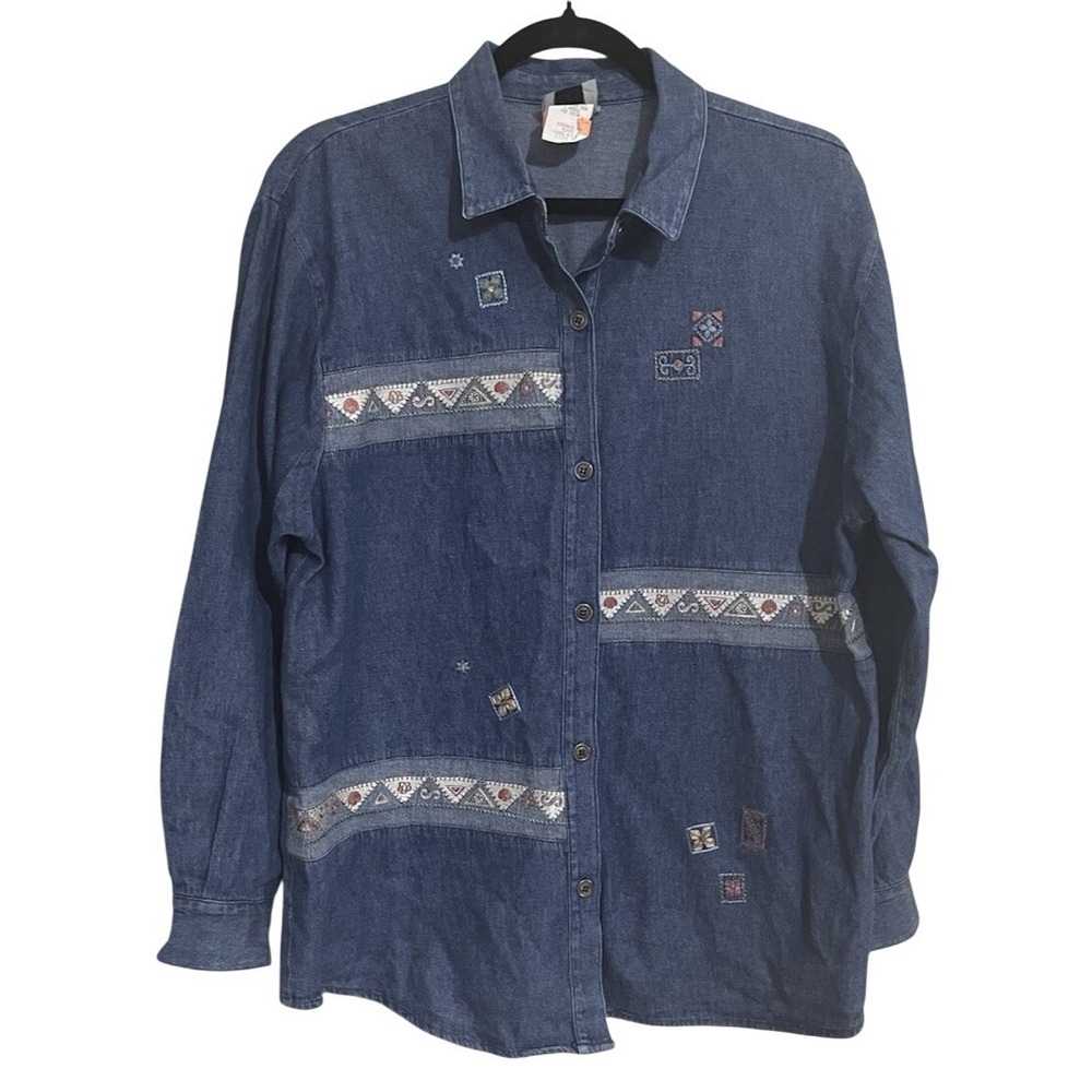 Vintage Denim Button Down Shirt Southwestern Embroidered Blue‎ P Large